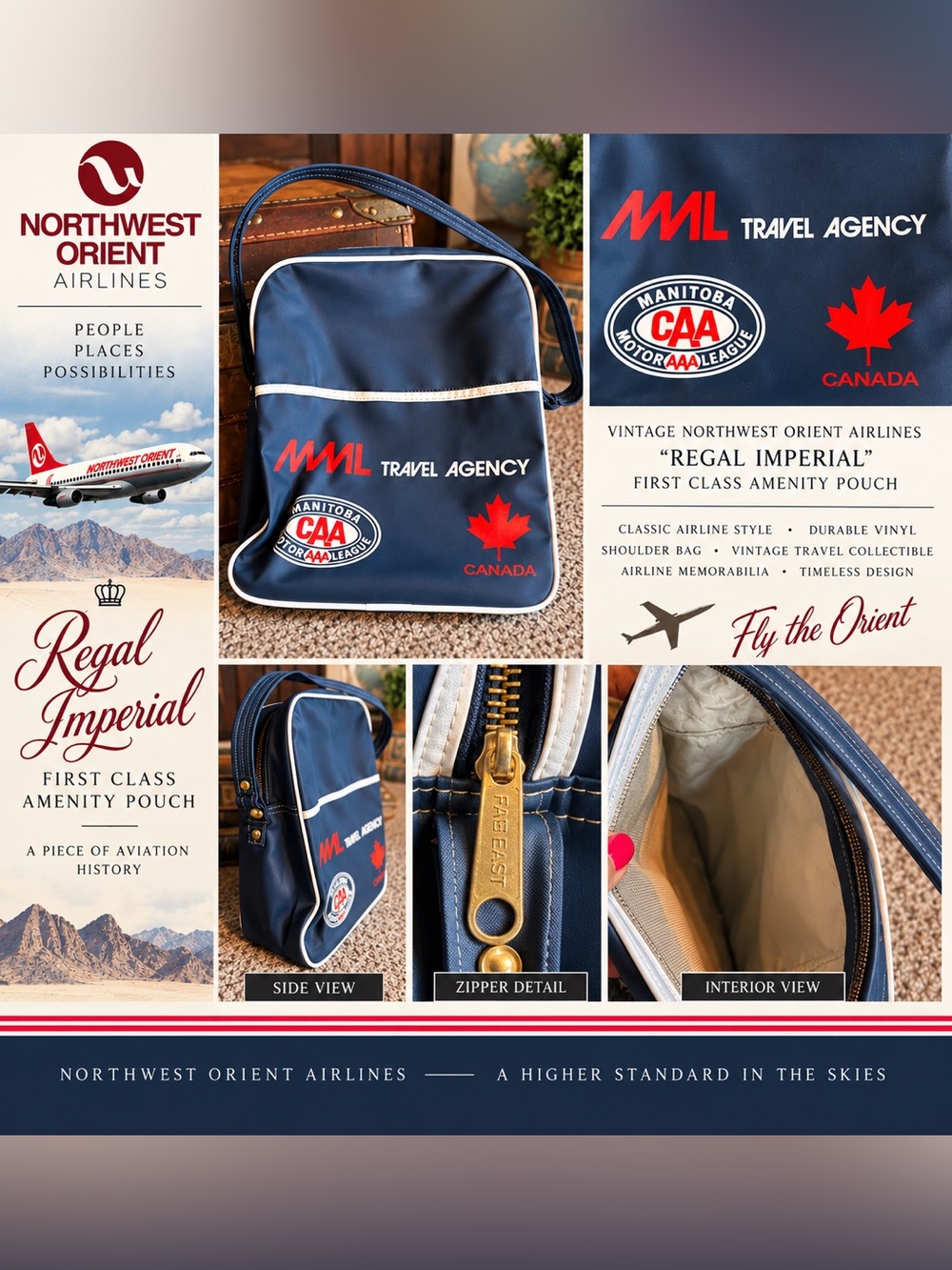 Northwest Orient Regal Imperial Navy Travel Shoulder Bag